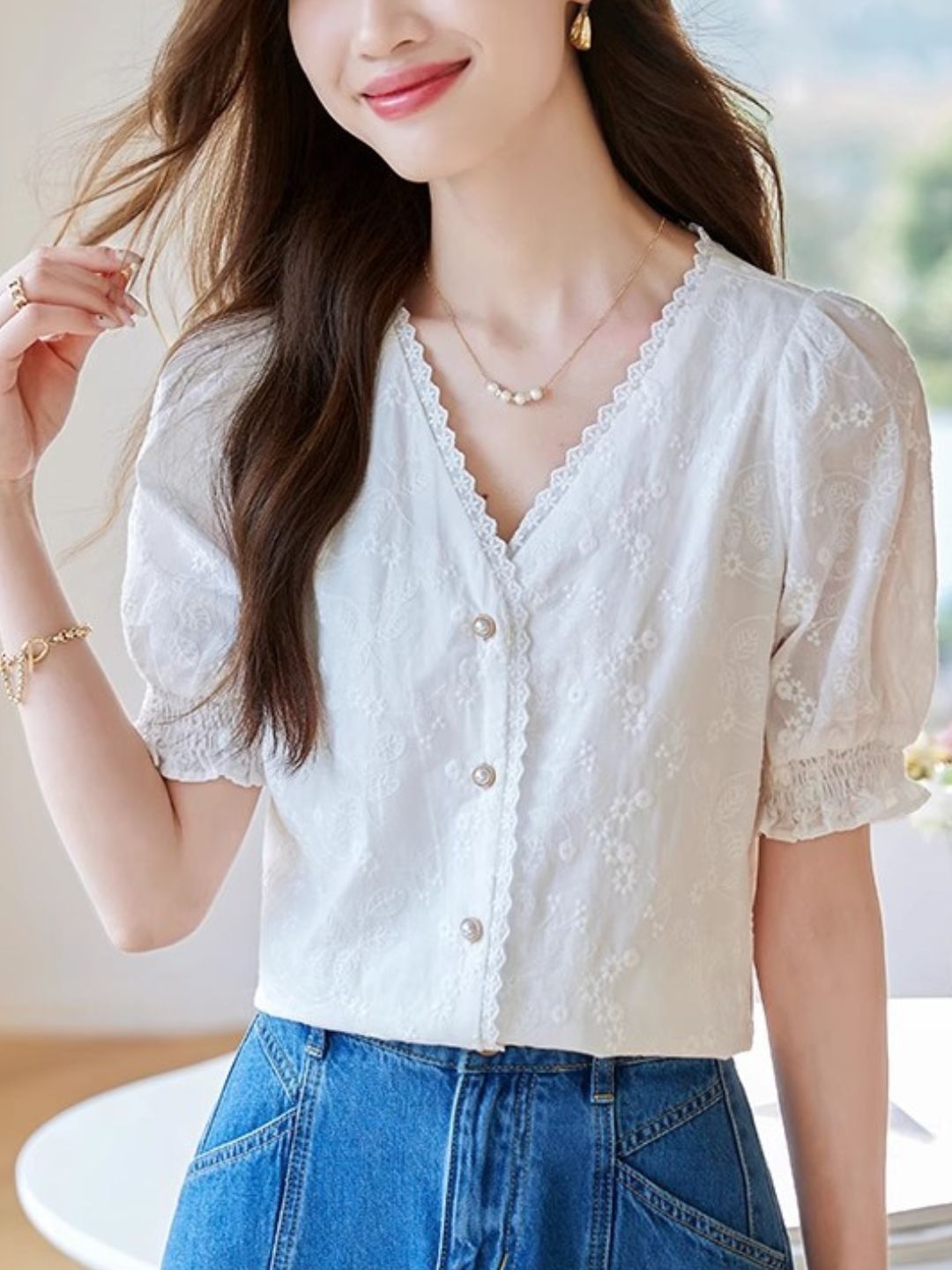 Versatile Lace V-Neck Shirt Top