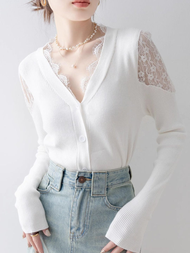 Slim Off-shoulder Lace Knitted Top