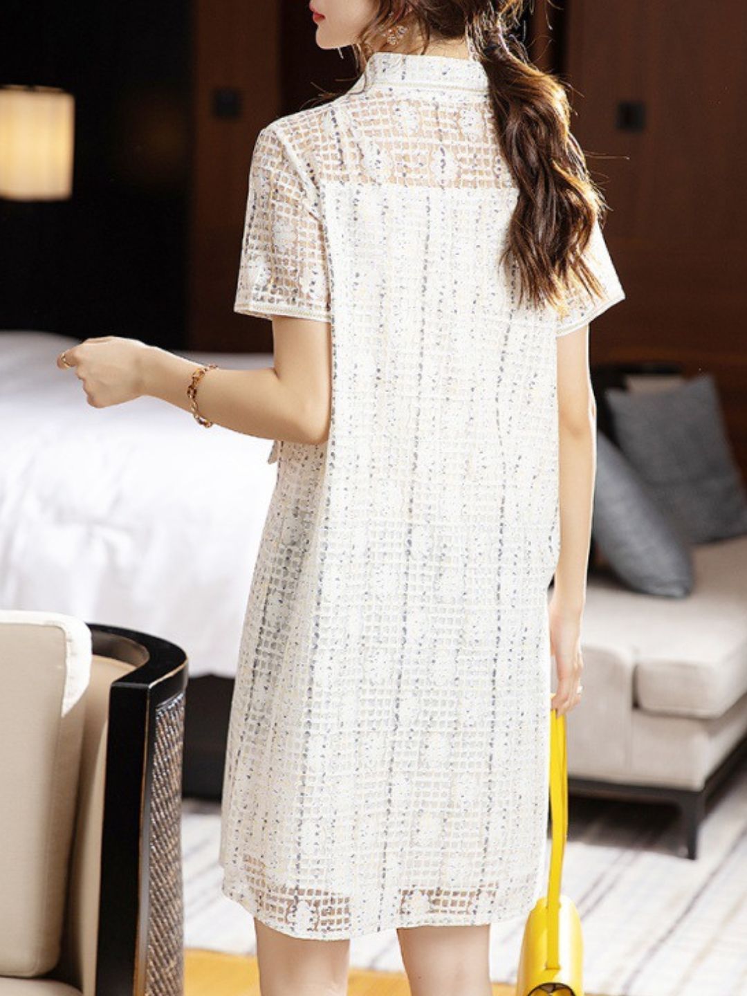 Hollow Lapel Mesh Splicing Dress