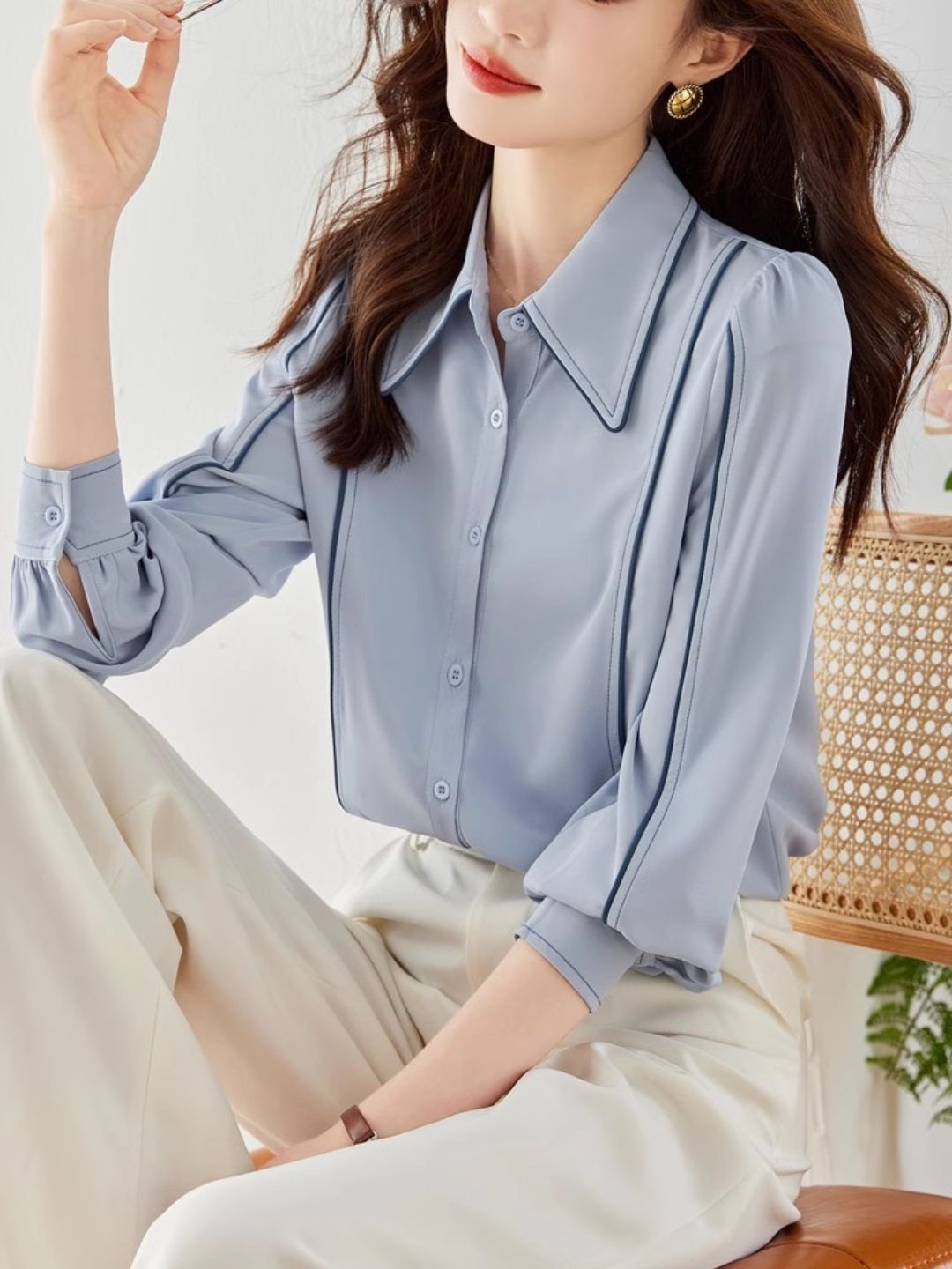 Blue Chiffon Long Sleeve Shirt