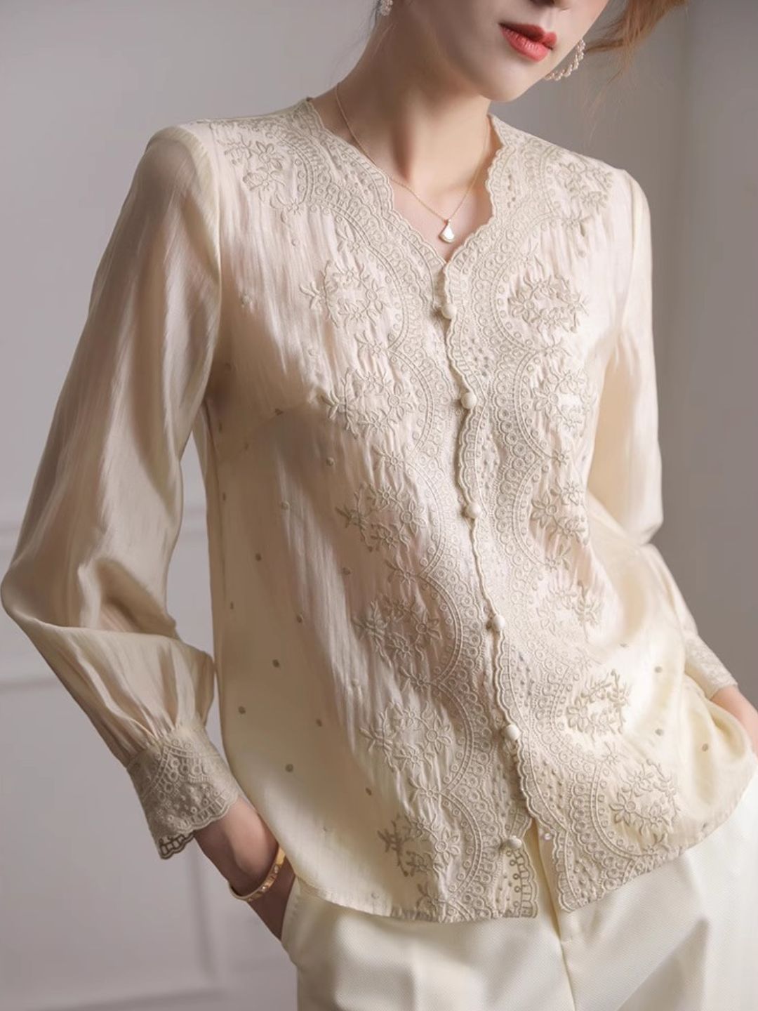 Embroidered lace V-neck Shirt Top