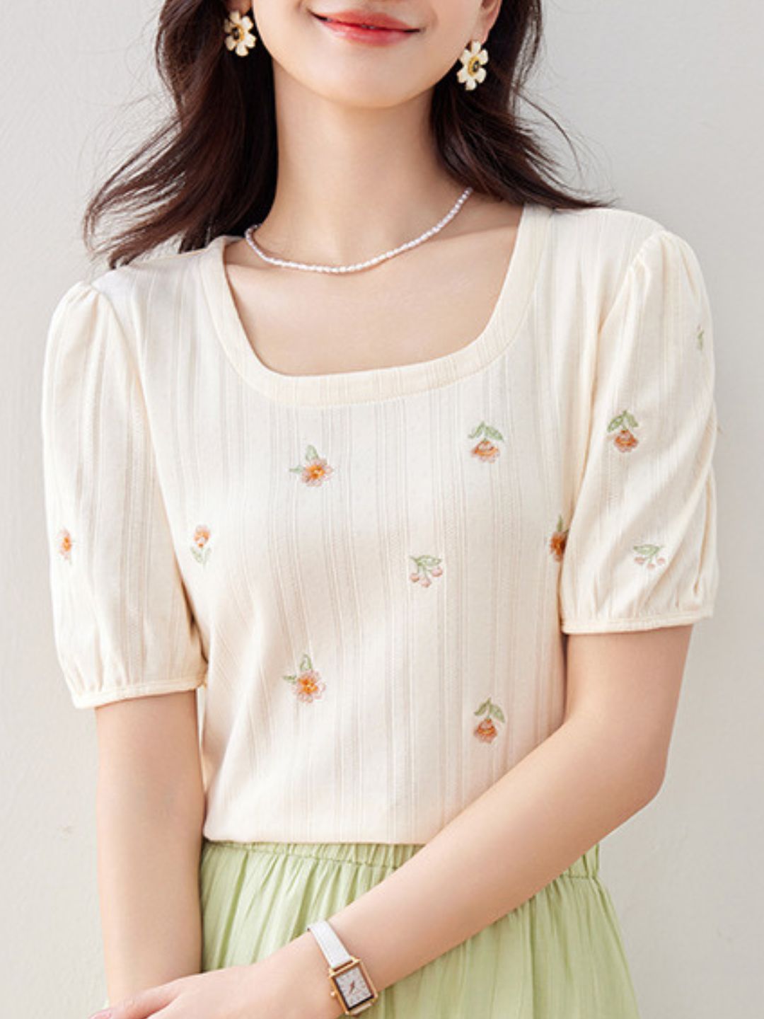 Square Neck Floral Puff Sleeve Top
