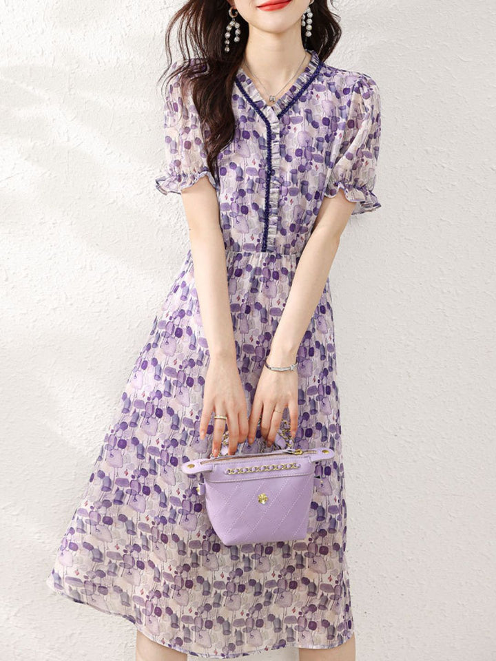 Retro V-Neck Printed Waist Dress
