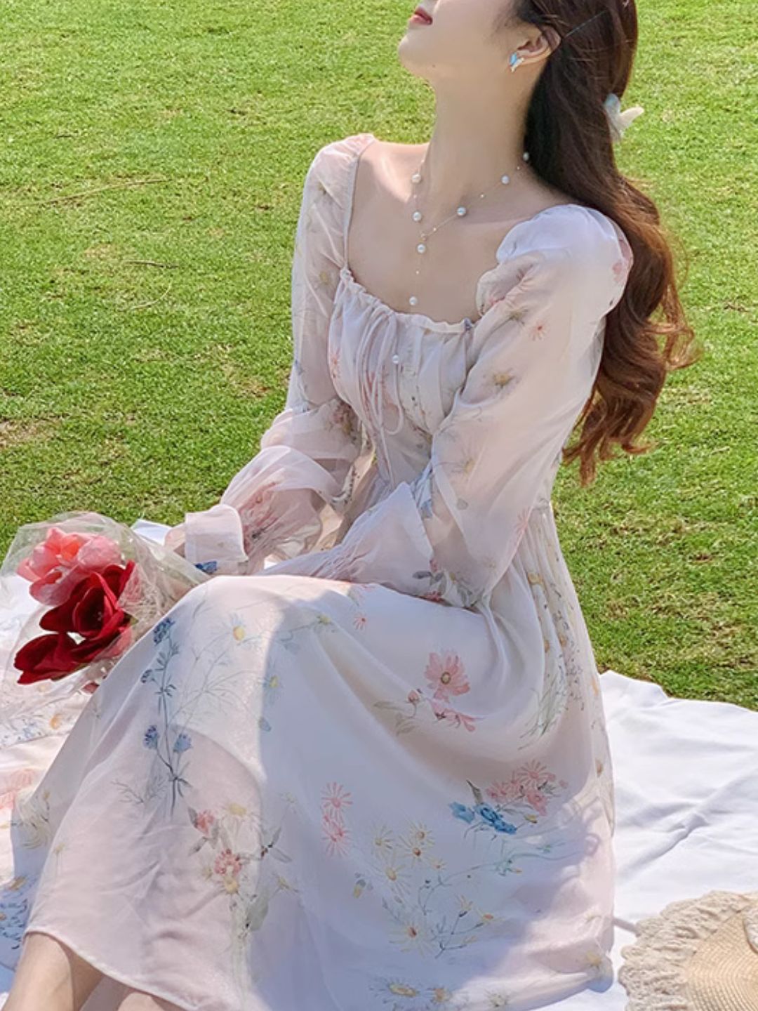 Chiffon Floral Long Sleeve Dress