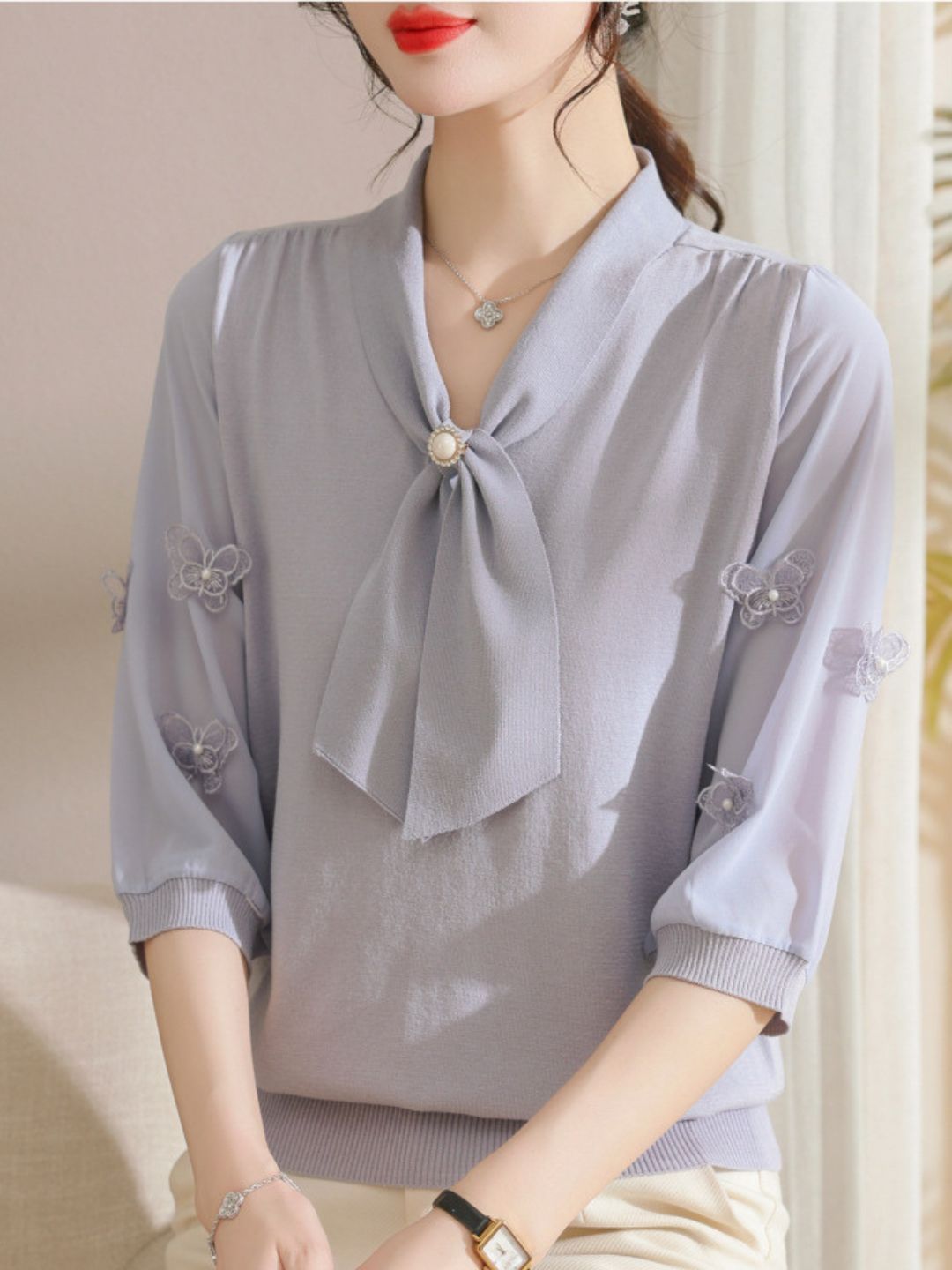 Ribbon Scarf Collar Gauze Sleeve Knitted Top