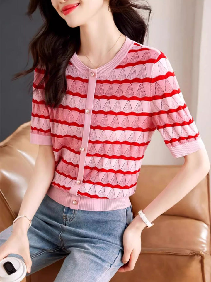 Hollow Striped Short-sleeved T-shirt