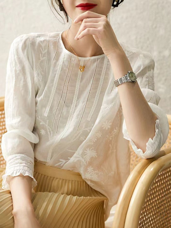 Classic Embroidered Round Neck Puff Sleeve Top