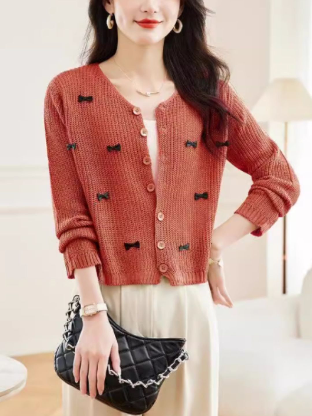 Classic Crew Neck Bow Knitted Top - Purple