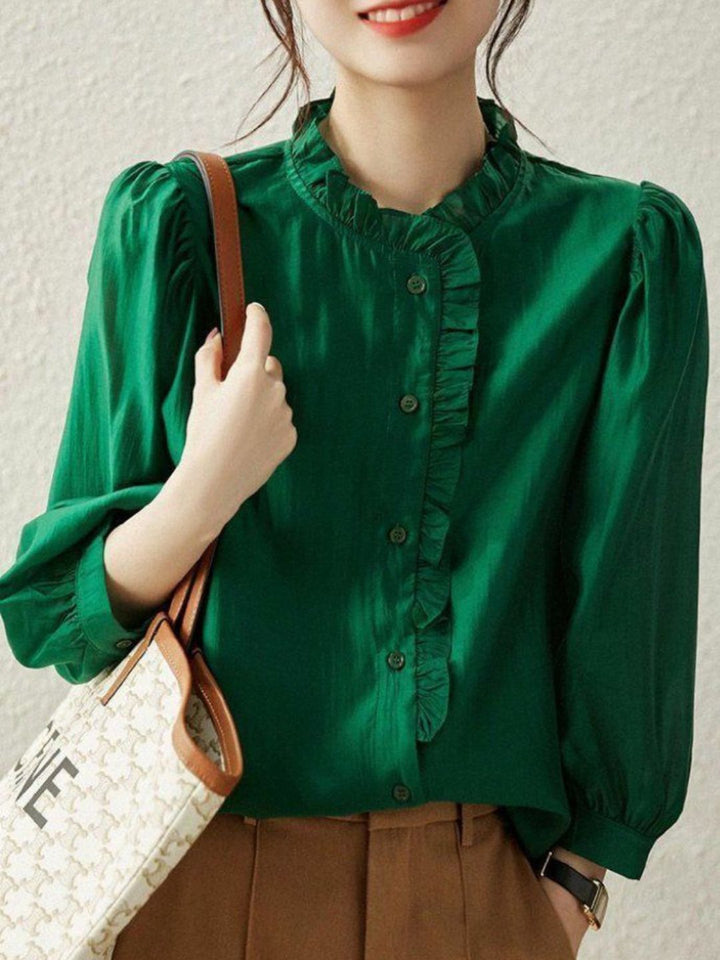 Vintage Loose Stand Collar Shirt - Green
