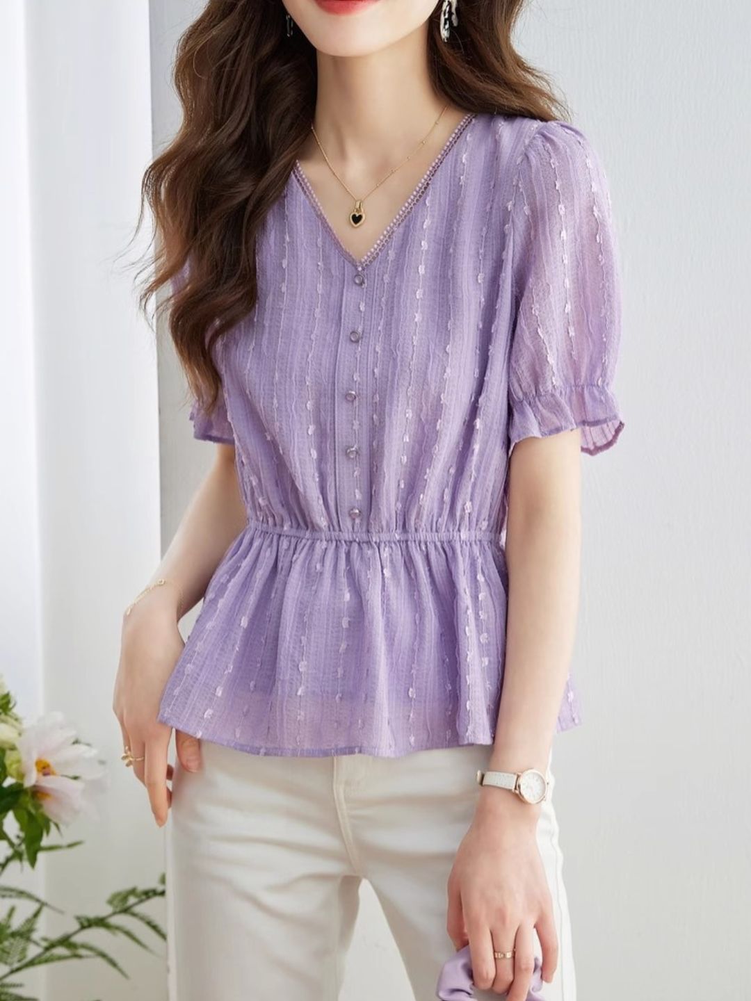 Loose Chiffon V-Neck Fashion Shirt -Purple