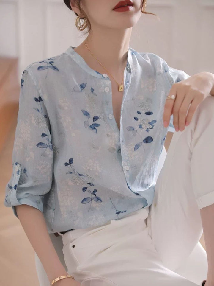 Chiffon Cotton and Linen Blue Floral Shirt