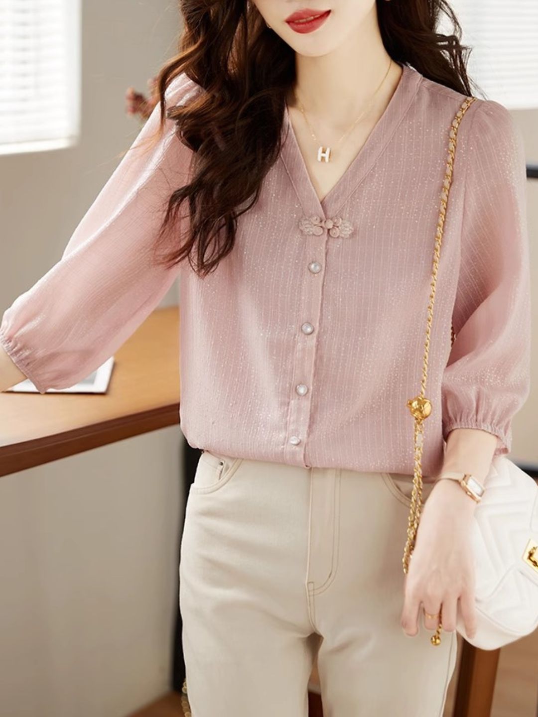 V-Neck Chiffon Shirt - Pink