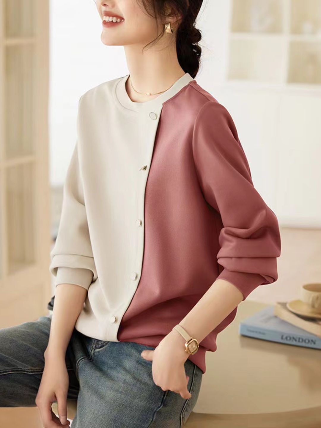 Round Neck Panelled Contrast Top - Green