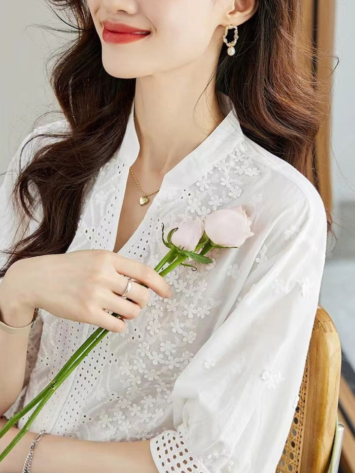 Versatile V-neck Embroidered Hollow Shirt