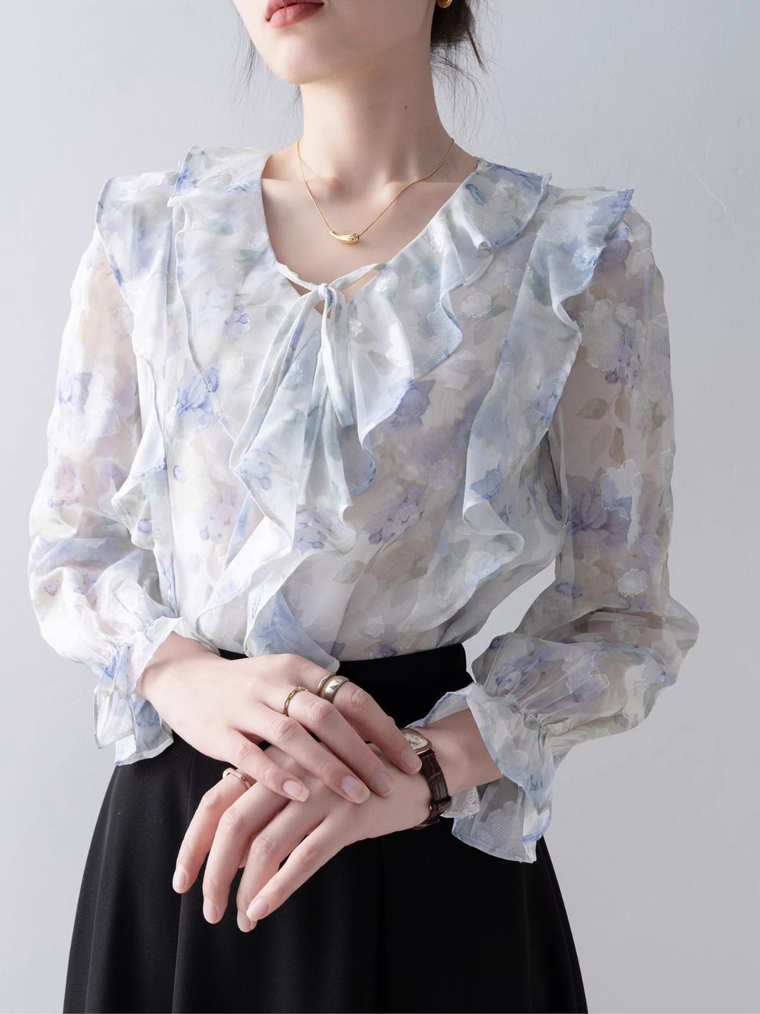 Elegant V-Neck Printed Chiffon Top