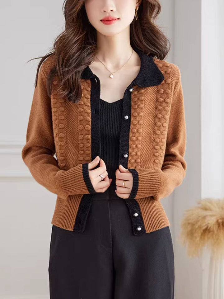 Retro Lapel Contrasting Knitted Cardigan
