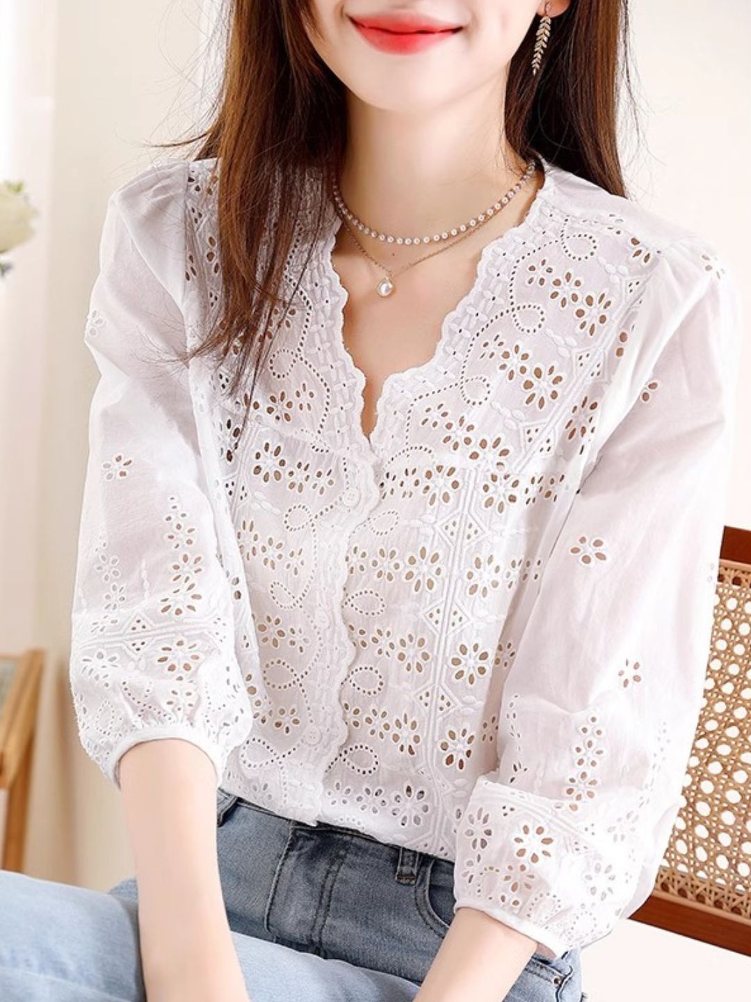 Exquisite Hollow Embroidery Loose Shirt