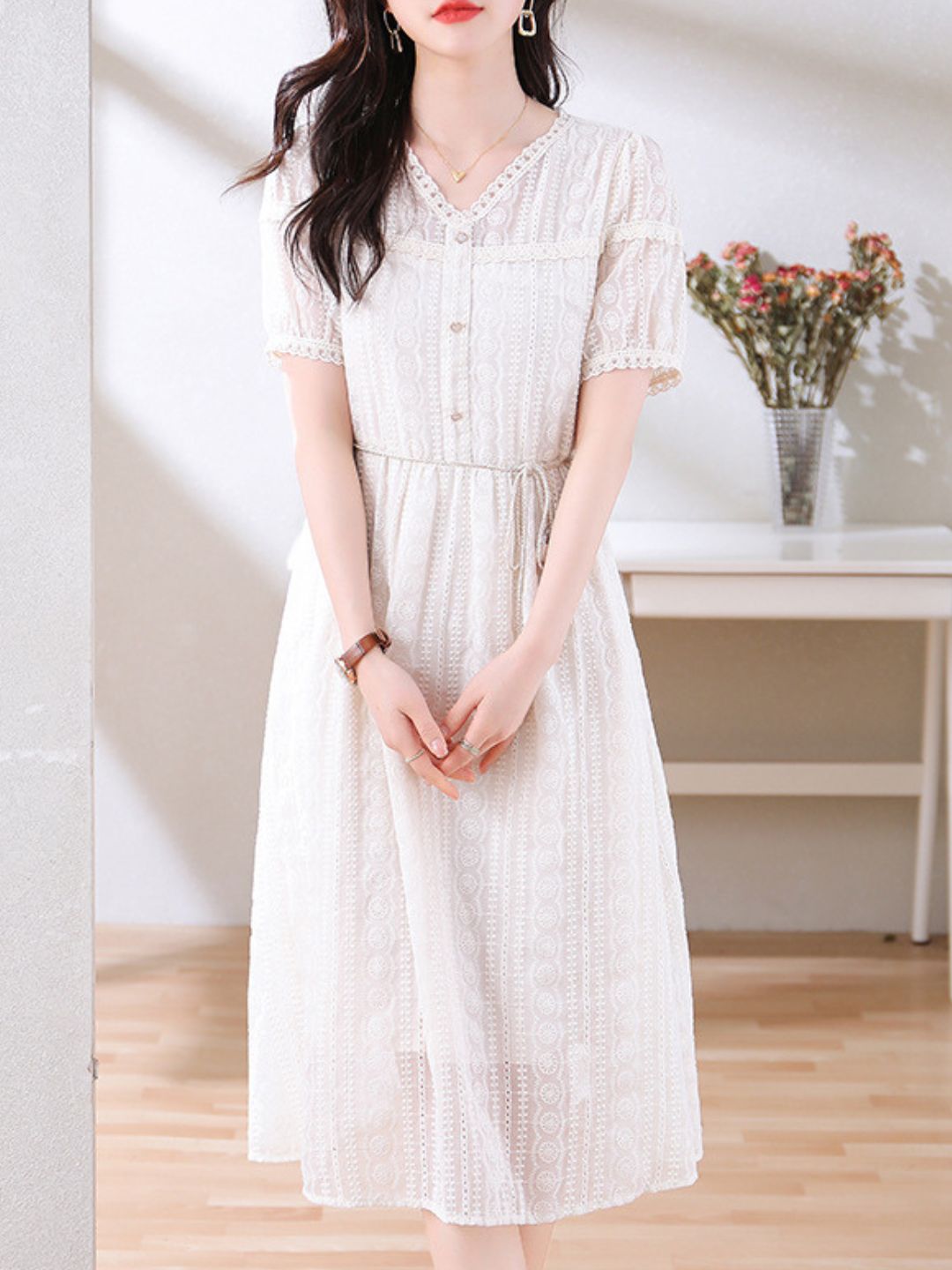 V-Neck Beige Lace Dress