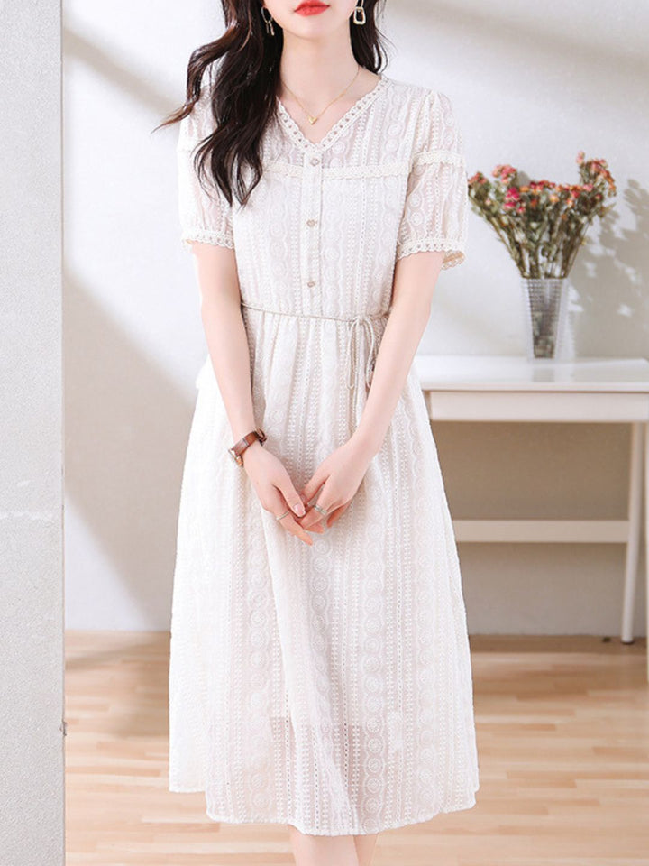 V-Neck Beige Lace Dress