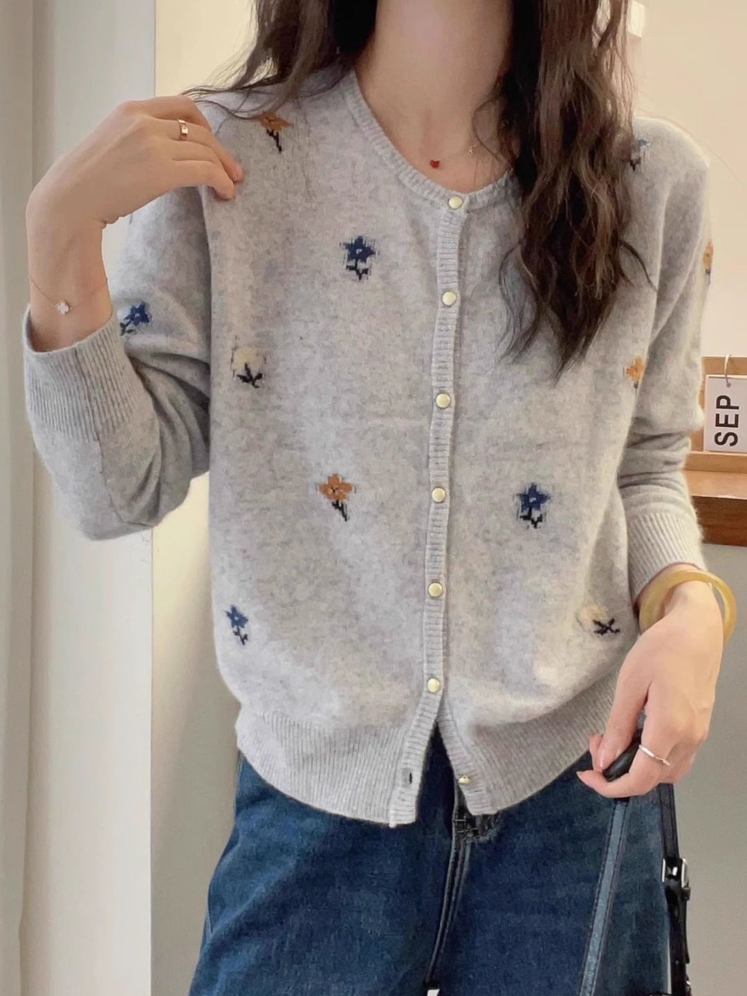 SimVintage Jacquard Design Knitted Cardigan - Grey