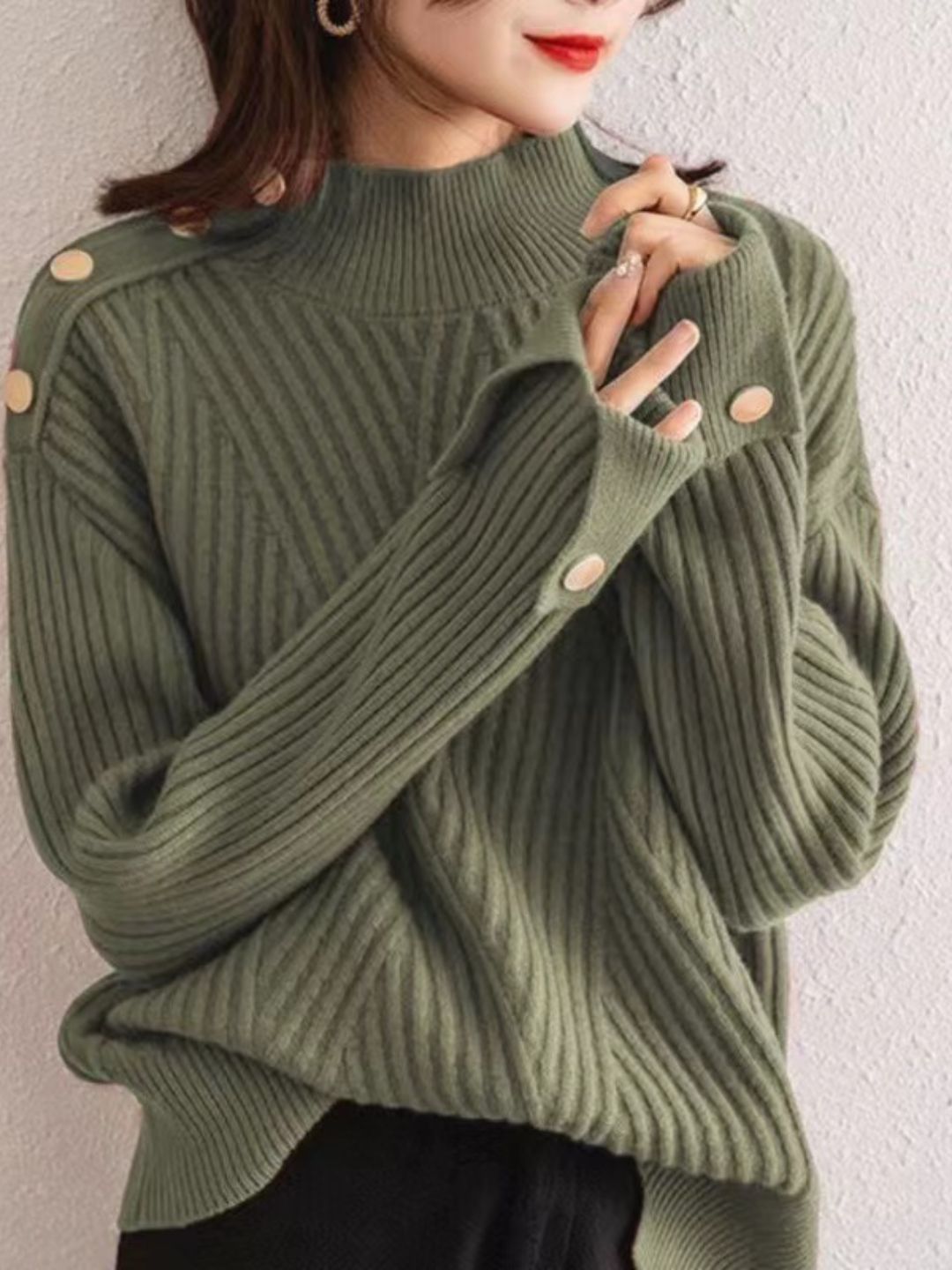 Half Turtleneck Solid Color Button Knitted Top