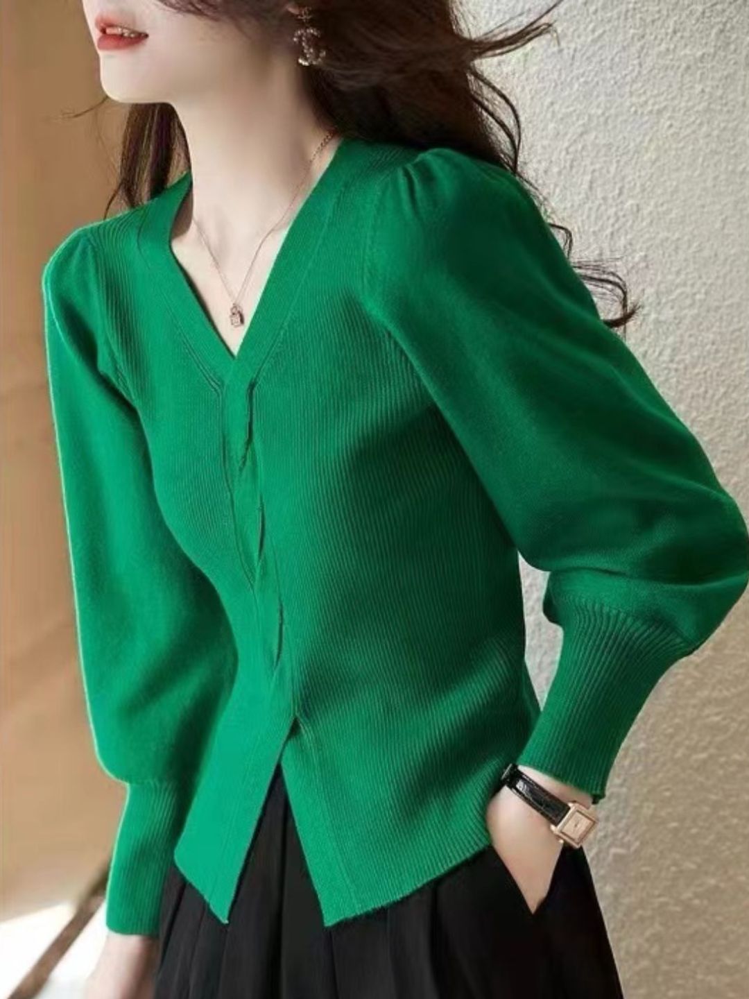 V-neck Puff Sleeve Sweater