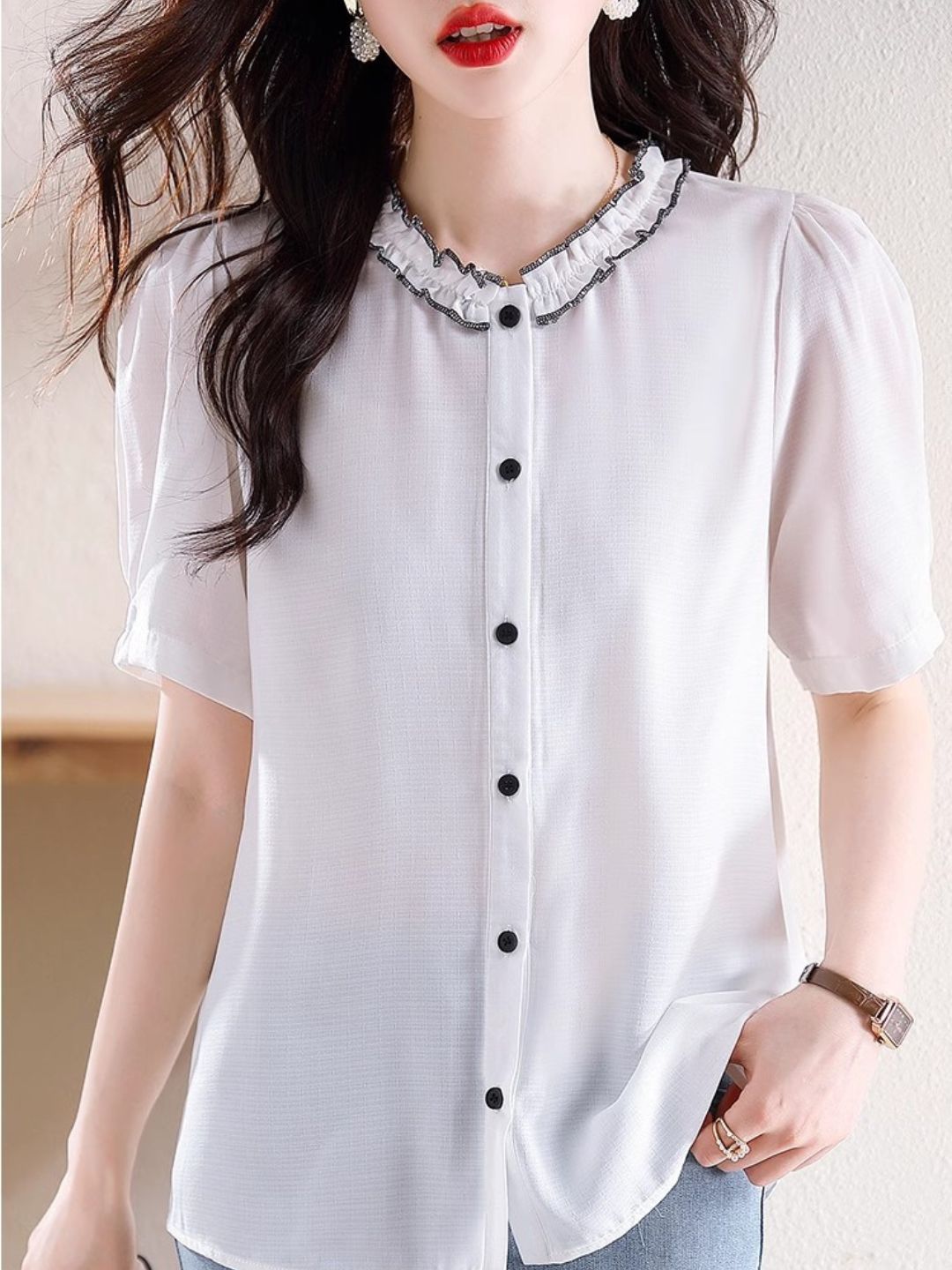 Versatile Chiffon Short-sleeved Shirt - Black