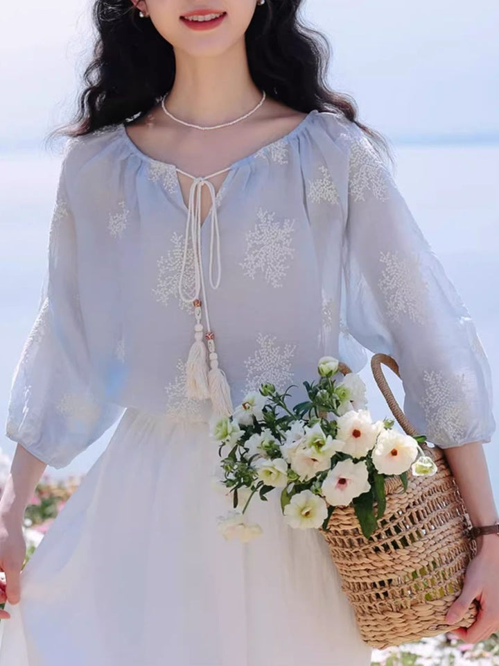 Embroidered Tassel Tie Top