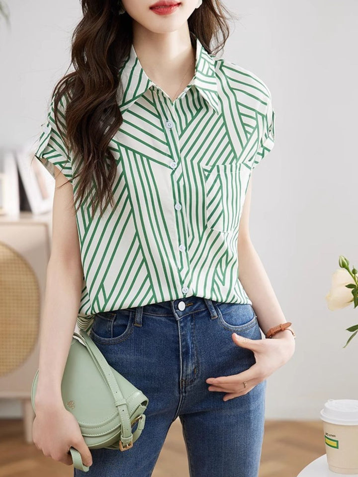 Chiffon Striped Short Sleeve Shirt