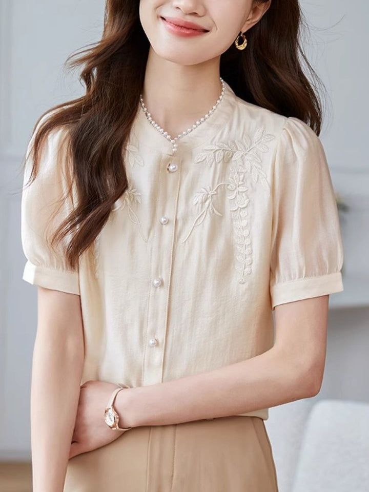 Embroidered Short Sleeve Chiffon Shirt - Apricot