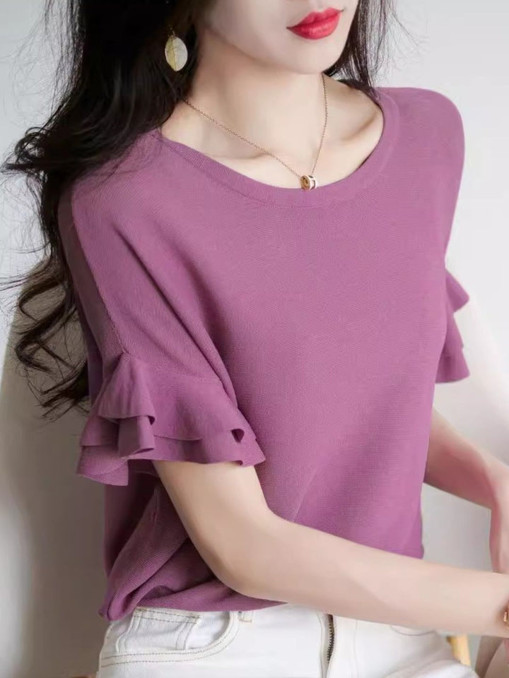 Elegant Ruffle Sleeves Crew Neck Knit Top