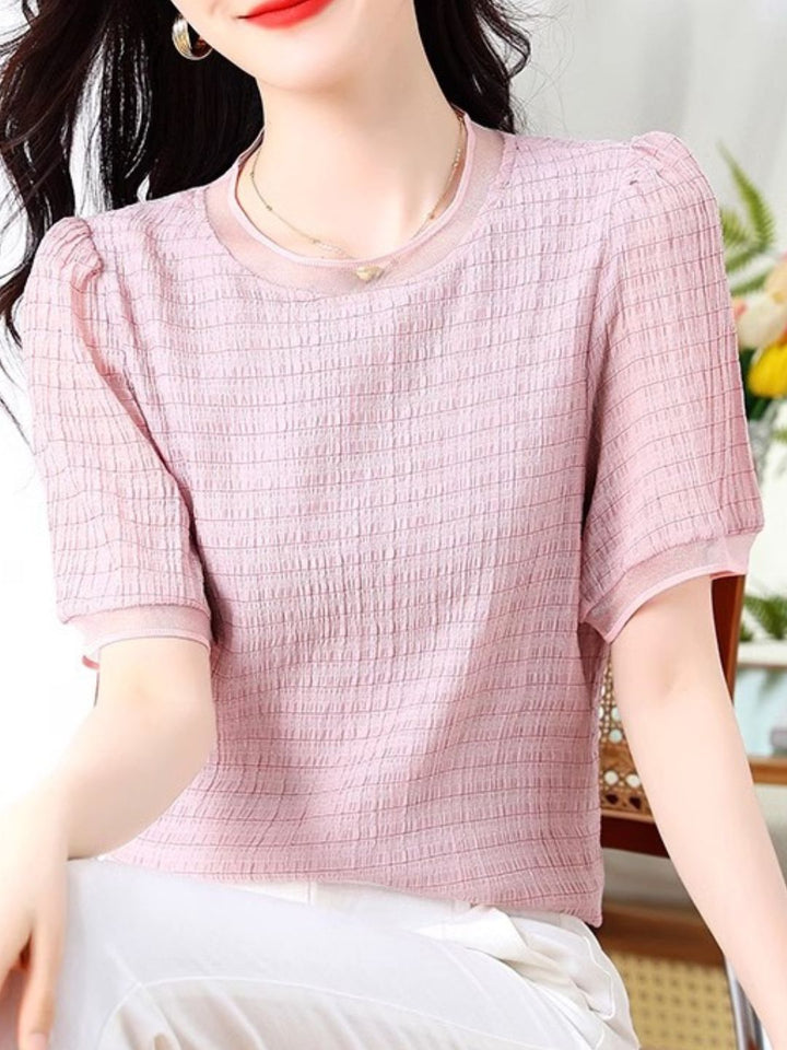 Round Neck Plaid Chiffon Shirt - Pink