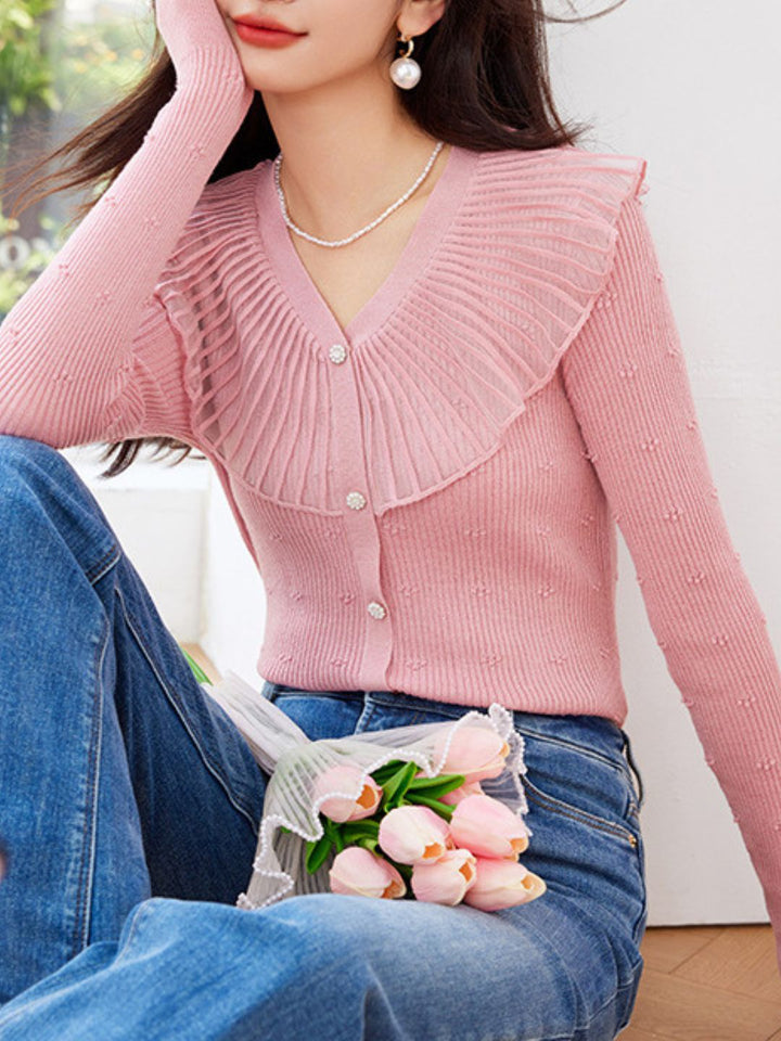 Temperament Pink V-Neck Ruffled Top