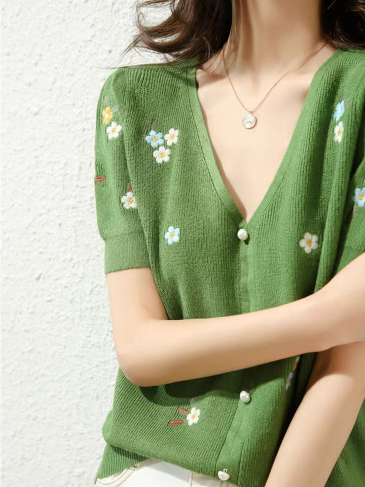 Embroidered Flower Knitted V-neck T-shirt - Green