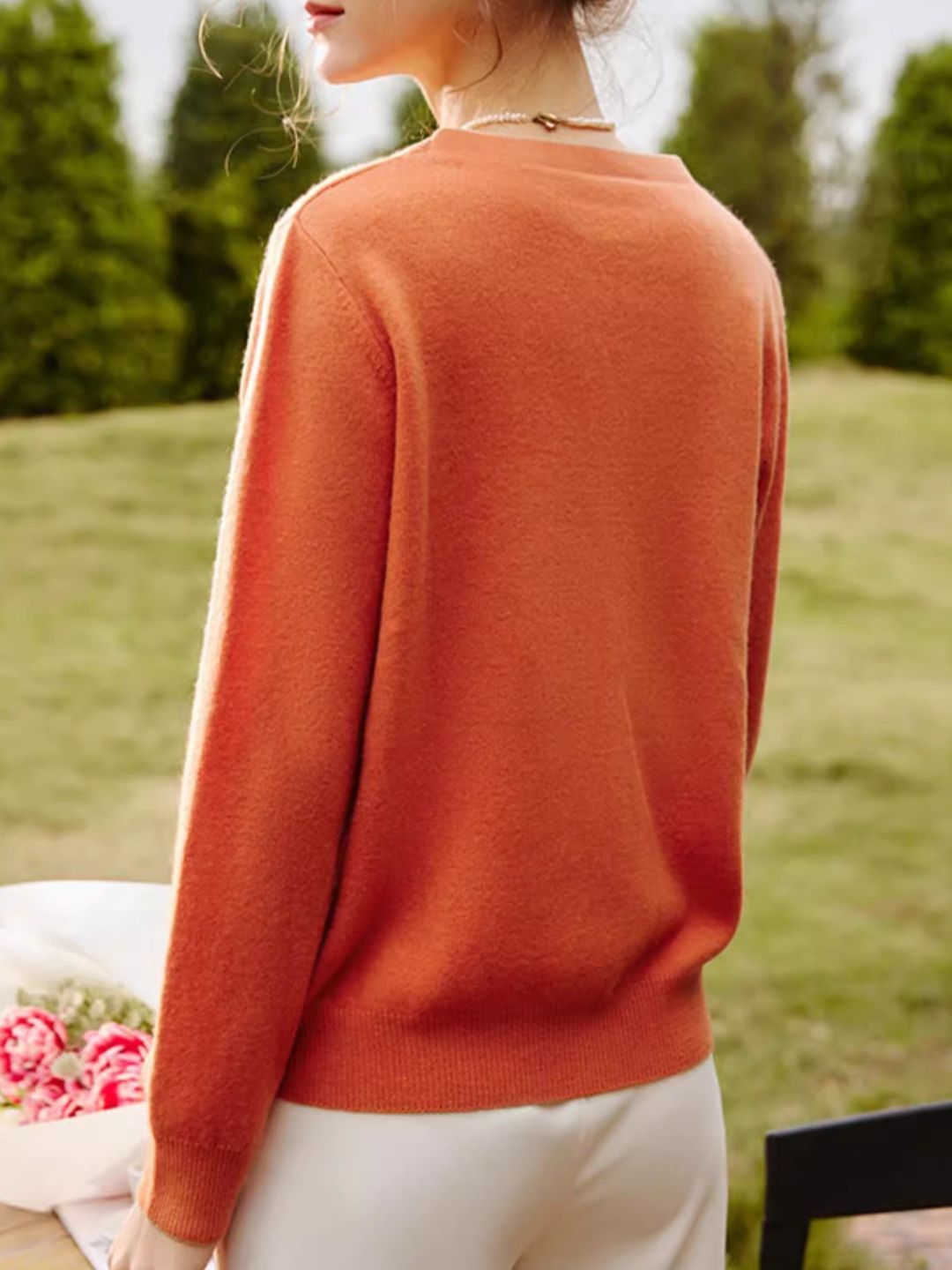 French Orange Lazy Style V-Neck Sweater