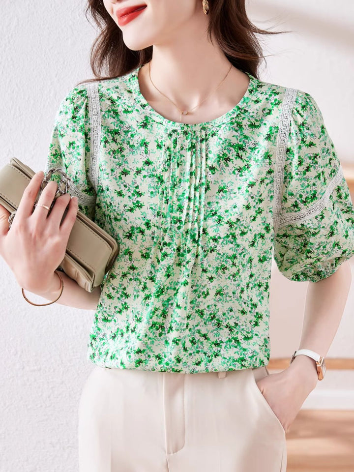 Round Neck Floral Puff Sleeve Chiffon Shirt - Green