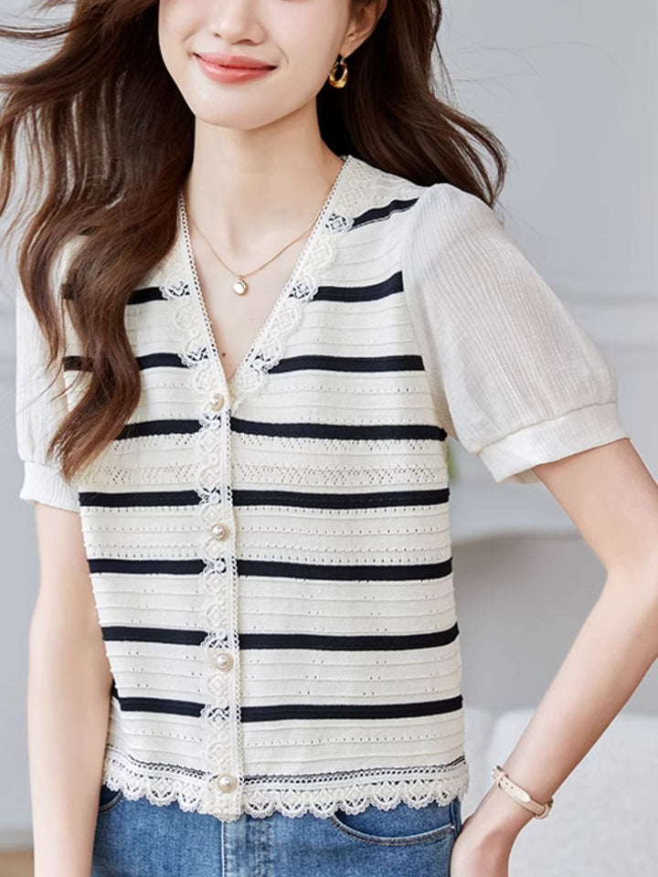 Striped Knit Cardigan Hollow Puff Sleeve Top
