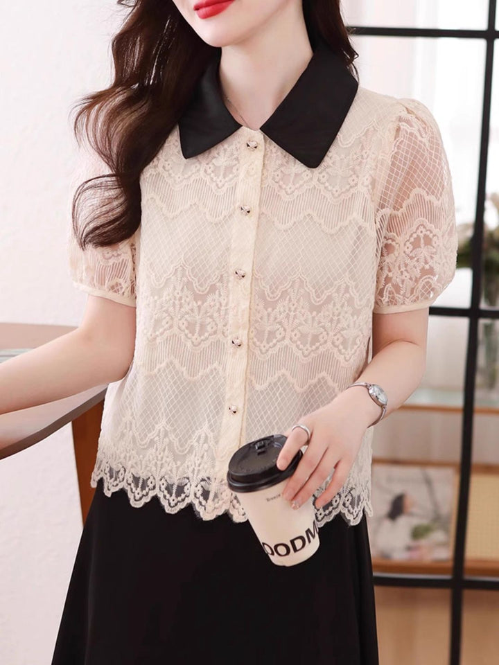 Contrast Lapel Lace Chic Top