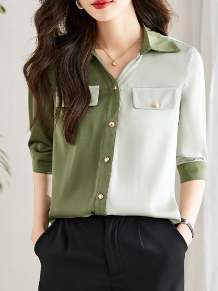 Versatile Contrast Color Shirt-Green