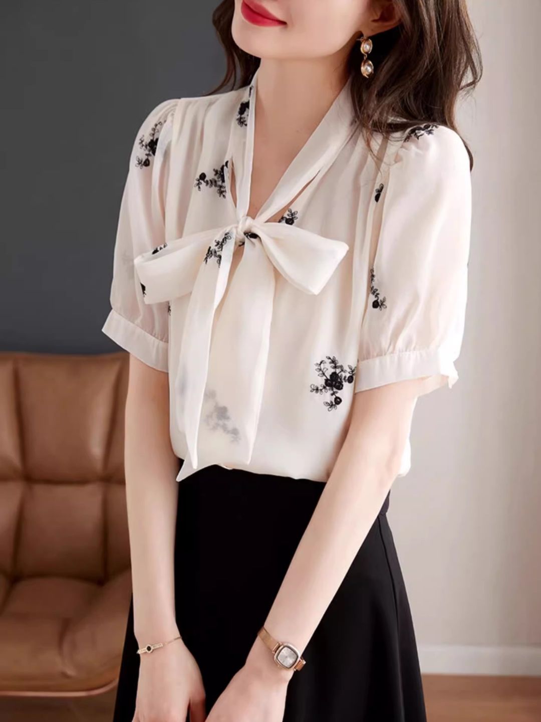Bow Short Sleeve Chiffon Shirt - Apricot