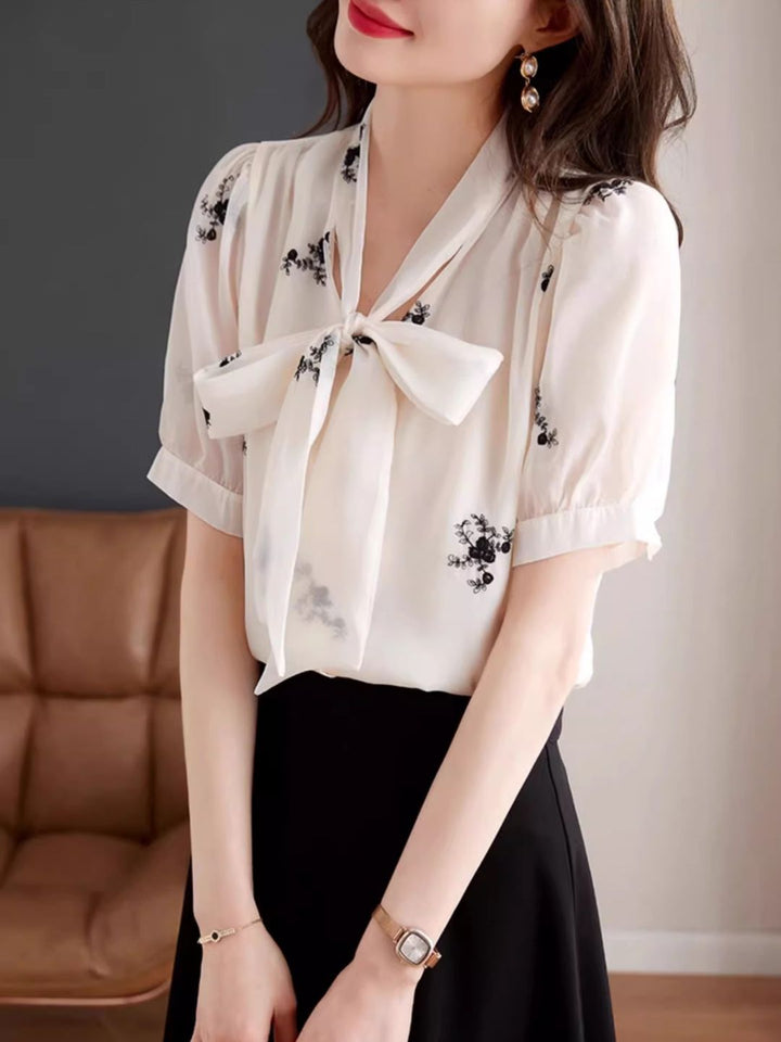 Bow Short Sleeve Chiffon Shirt - Apricot