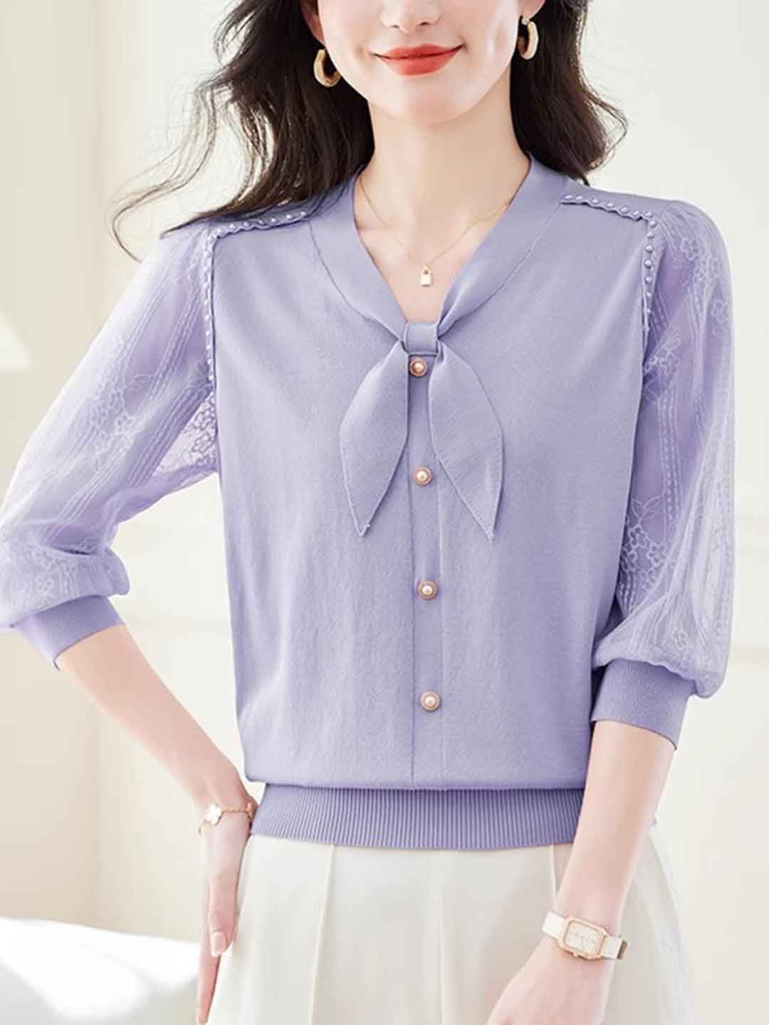 V-Neck Puff Sleeve Bow Lace Knitted Top