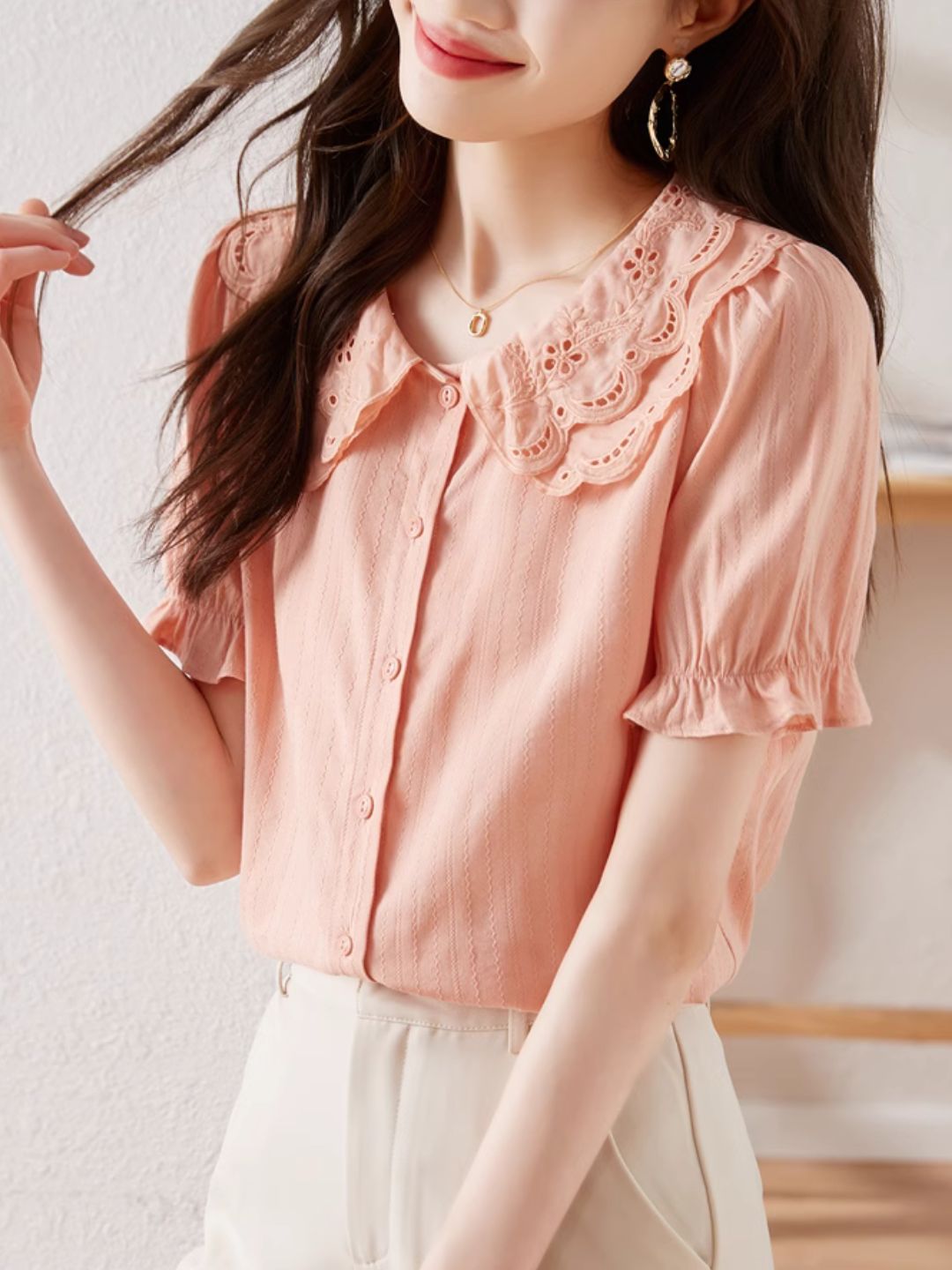 French Lace Double Collar Puff Sleeve Shirt - Pink