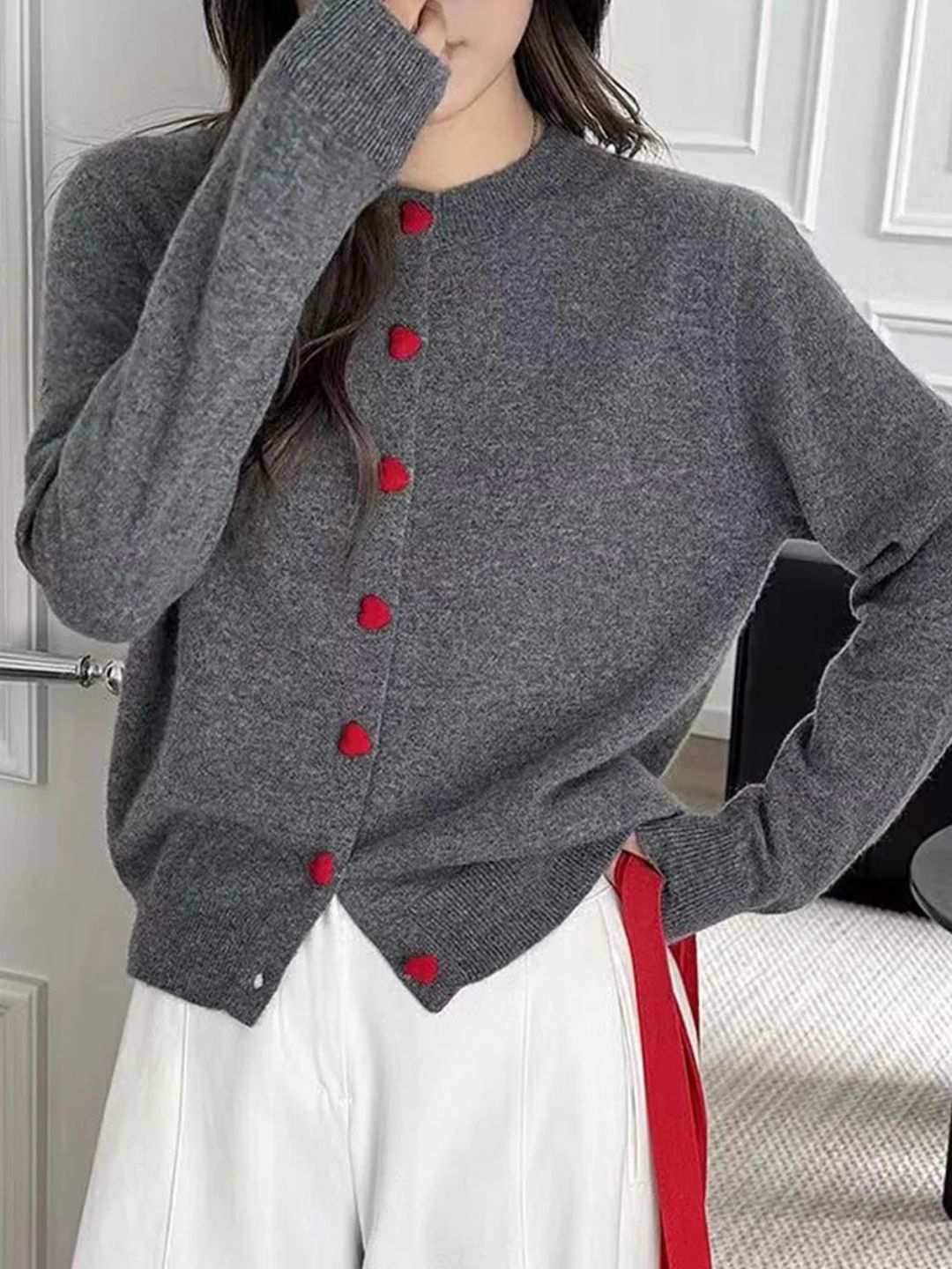 Elegant Crew Neck Heart Button Knitted Cardigan
