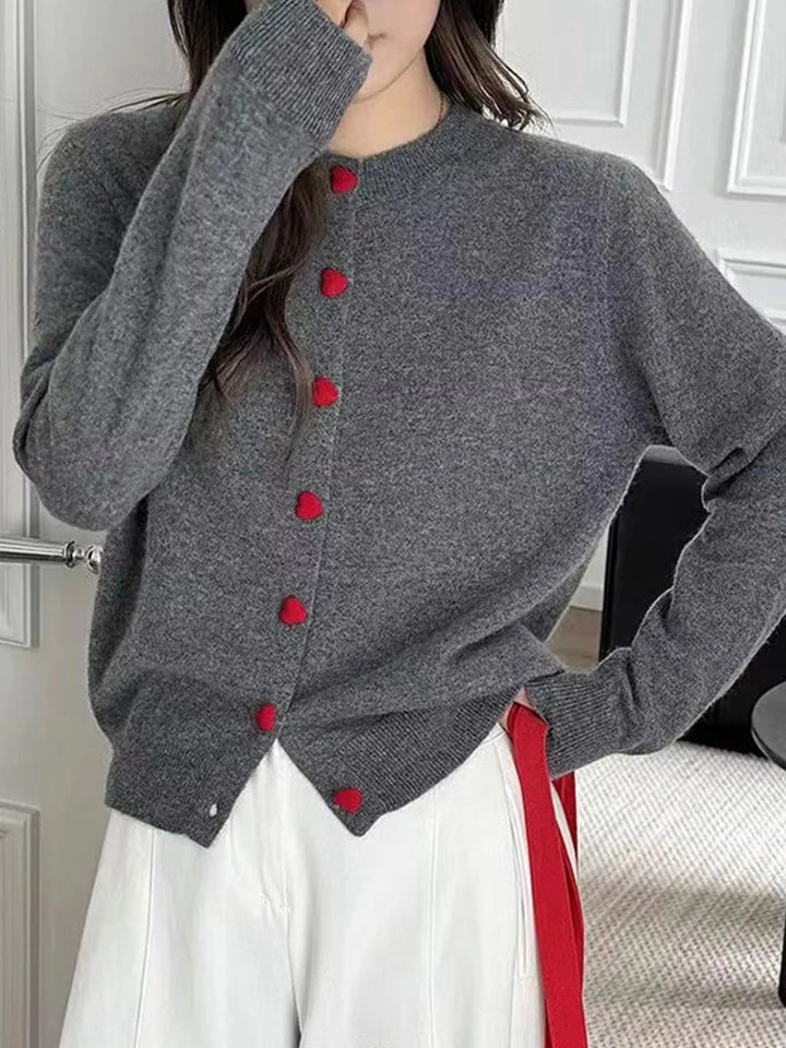 Elegant Crew Neck Heart Button Knitted Cardigan