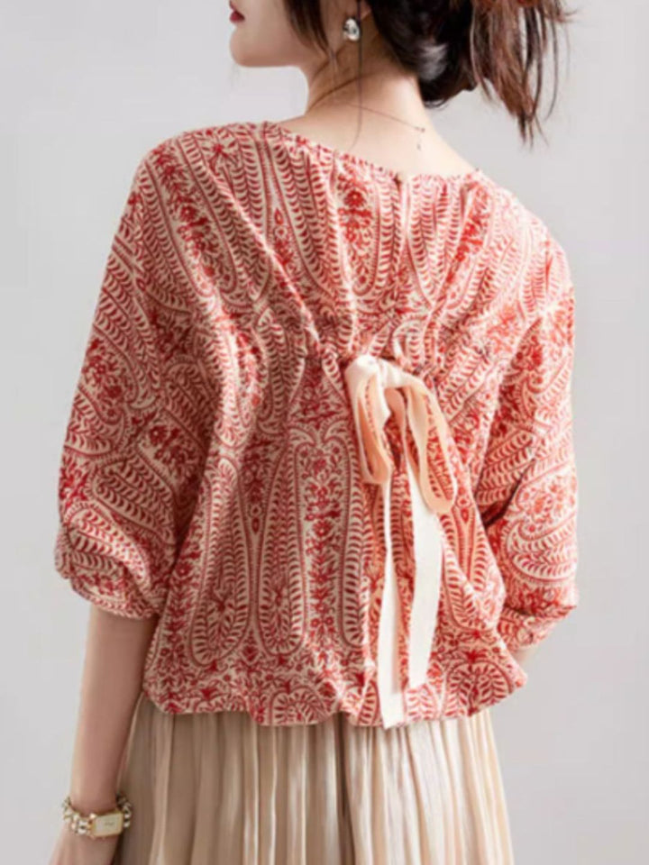 Casual Back Bow Printed Blouse - Red