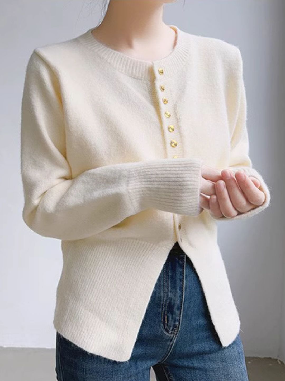 Crew Neck Solid Color Button Knitted Top