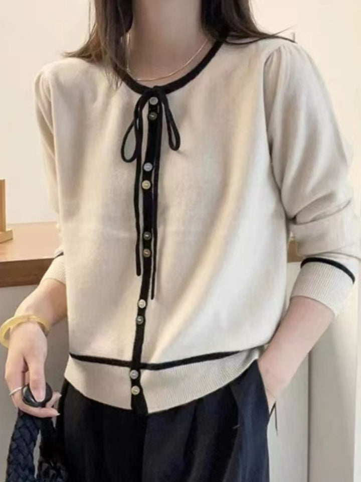 Round Neck Bow Tie Contrast Color Sweater