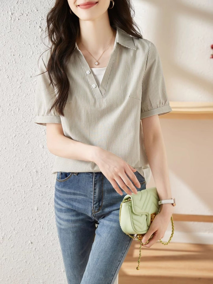 Striped Short-sleeved Lapel Shirt - Green