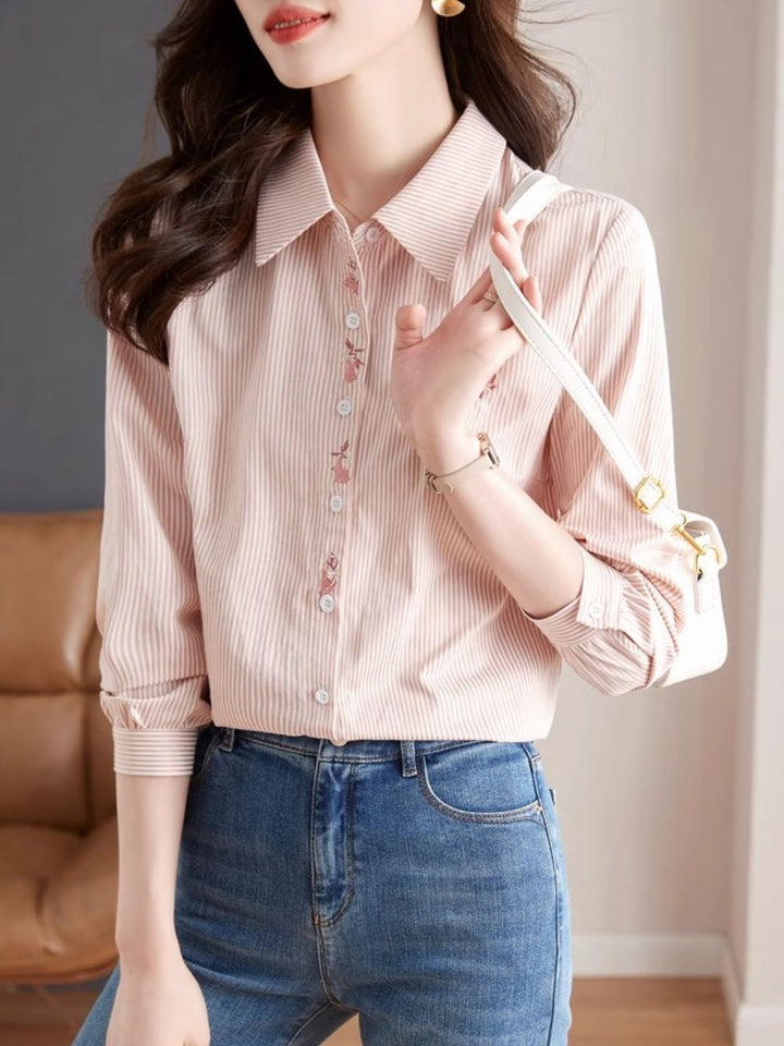 Lapel Stripe Embroidered Shirt